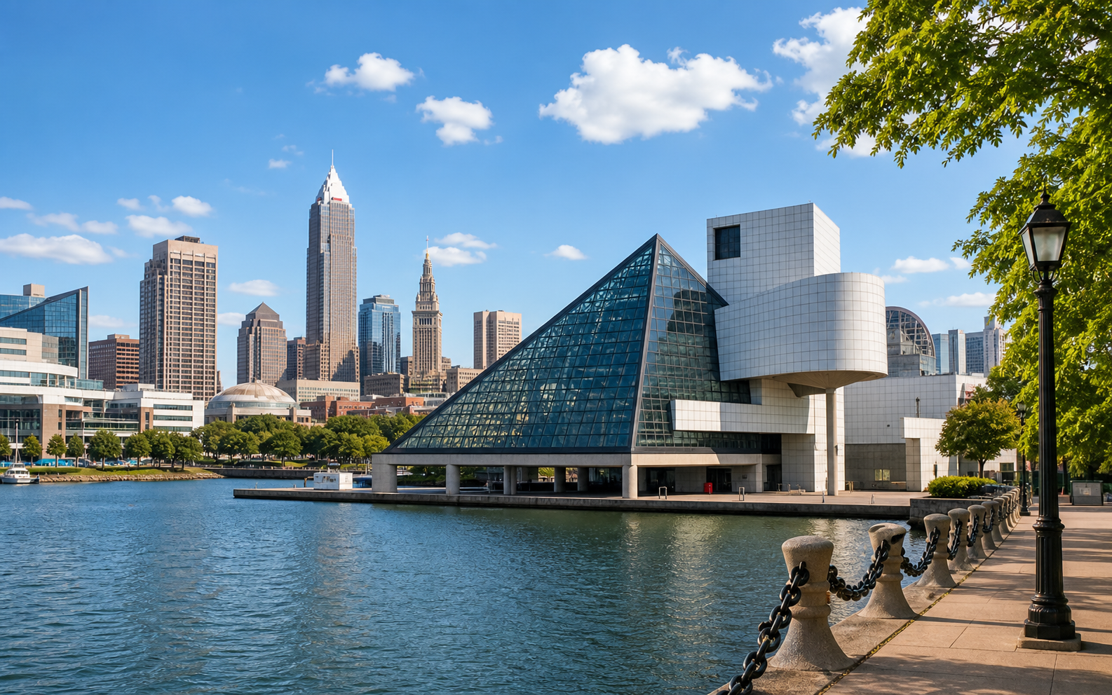 Cleveland Rock and Roll Hall of Fame with skyline in background