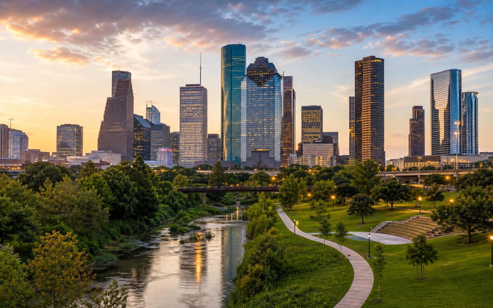 Houston skyline and Buffalo Bayou Park in one of our active markets