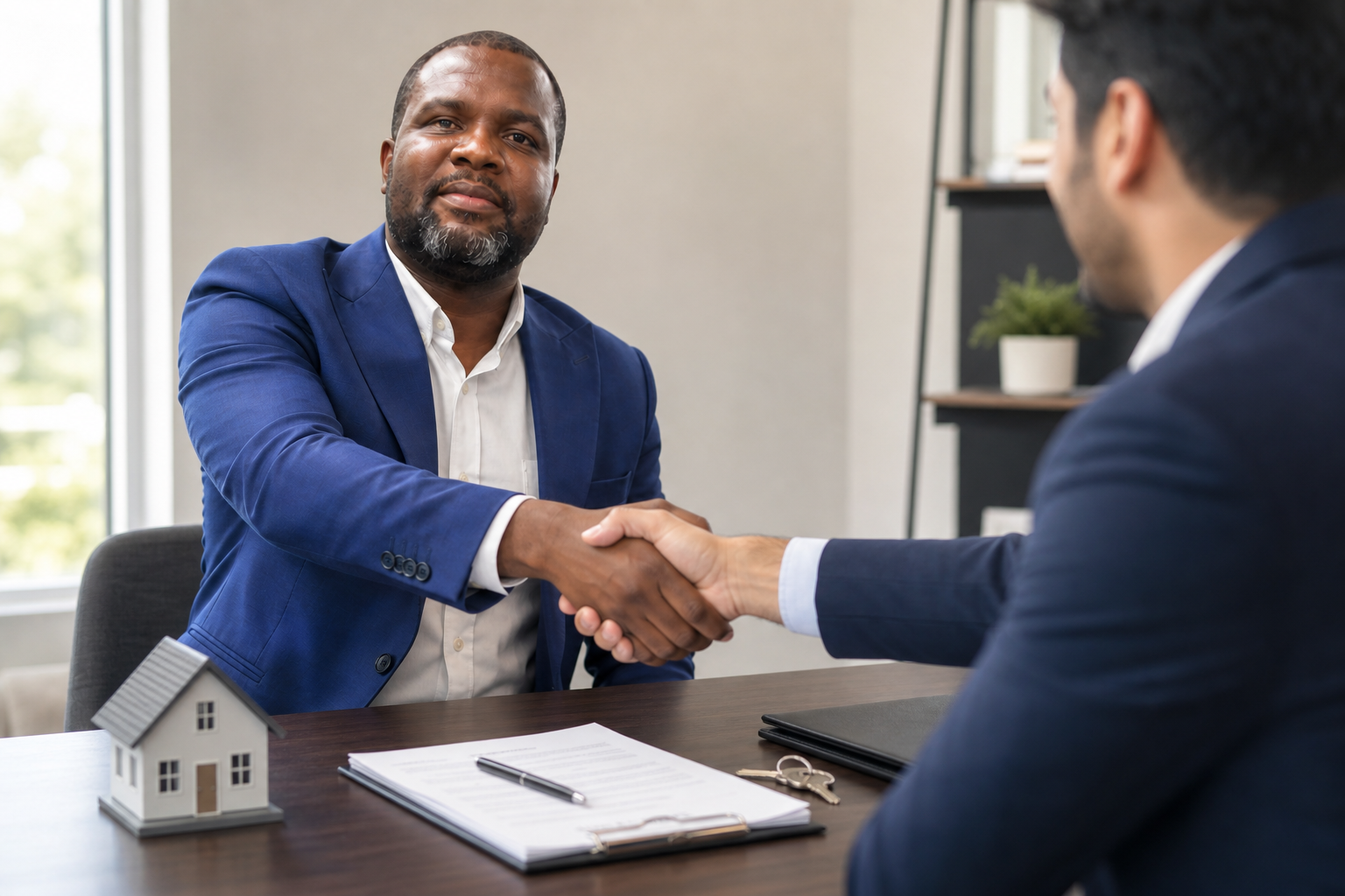 Home sale closing with handshake over paperwork