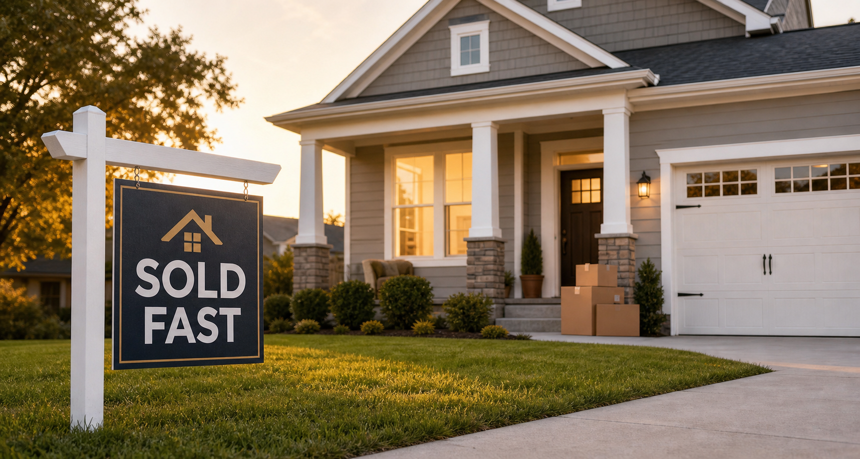Sold fast sign in front of a home at sunset